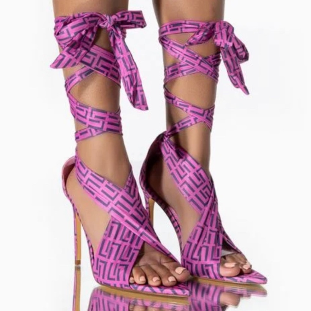 LAURENT-46 STRAP UP PRINTED STILETTO SANDAL IN BOTH PINK AND TAN